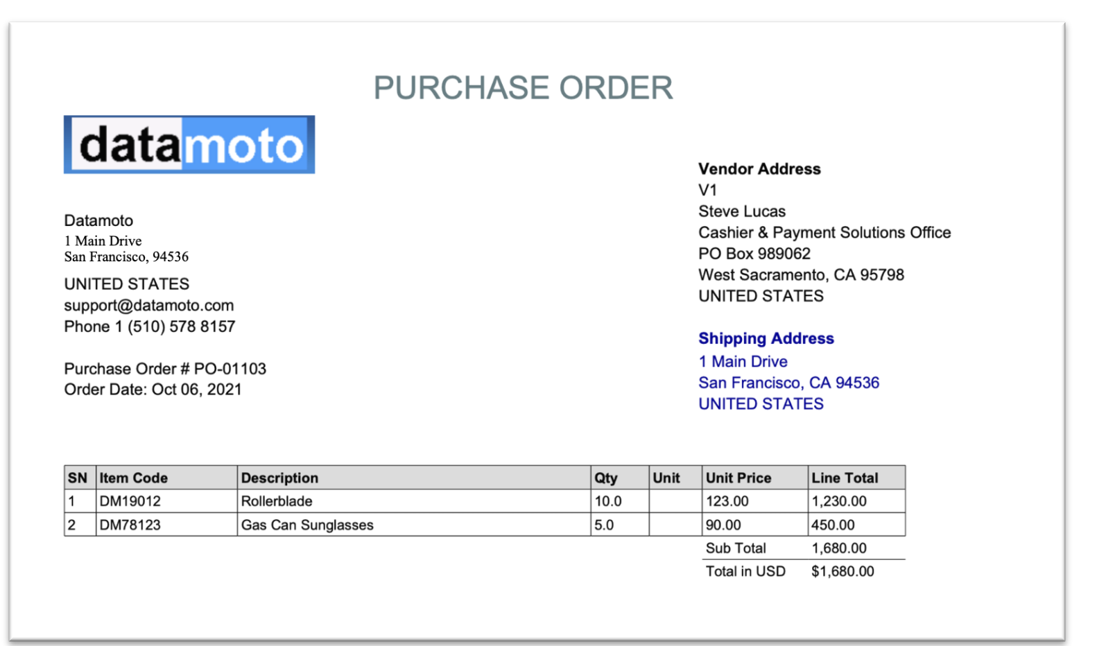 Datamoto Purchase Order PO-01103, dated Oct 06 2021, for 10 Rollerblades at $123 and 5 Gas Can Sunglasses at $90.