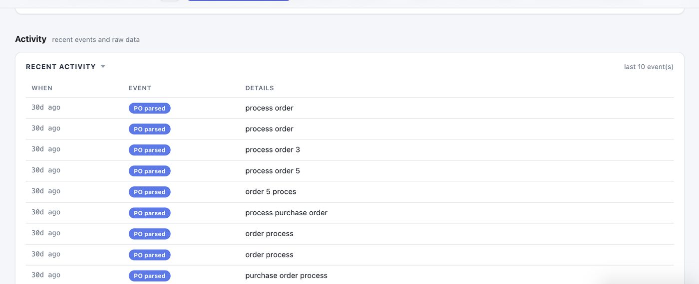 Recent activity feed on the SideQuest dashboard showing the last ten parse and submit events with timestamps