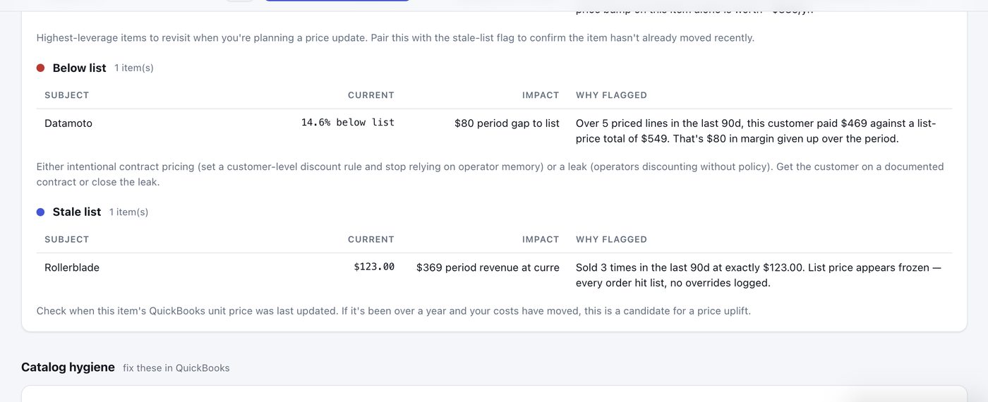 Below list and Stale list tables on the SideQuest dashboard quantifying margin given up per customer and list prices that have not moved