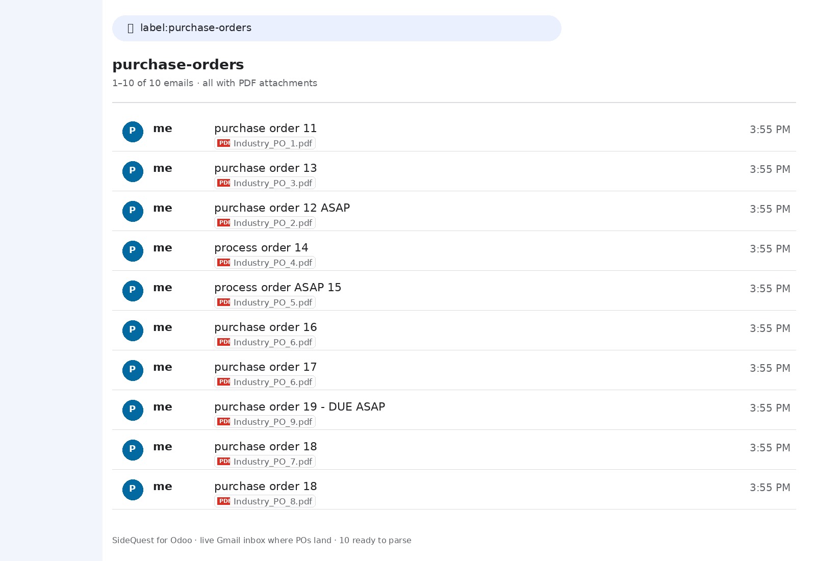 Gmail inbox showing 10 purchase order emails with the purchase-orders label and PDF attachments