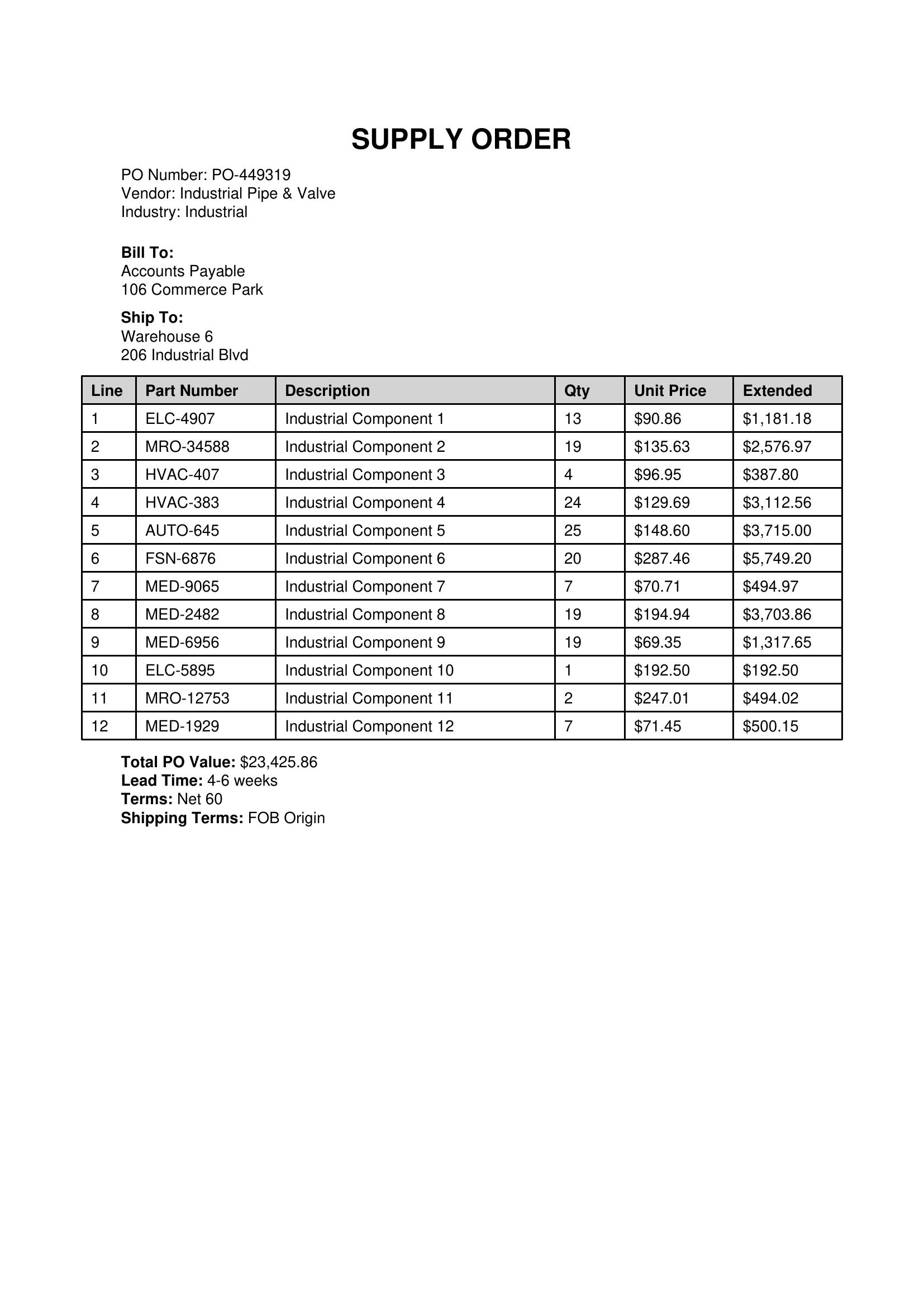 Industrial purchase order PDF — Industrial Pipe and Valve, PO-449319, with line items