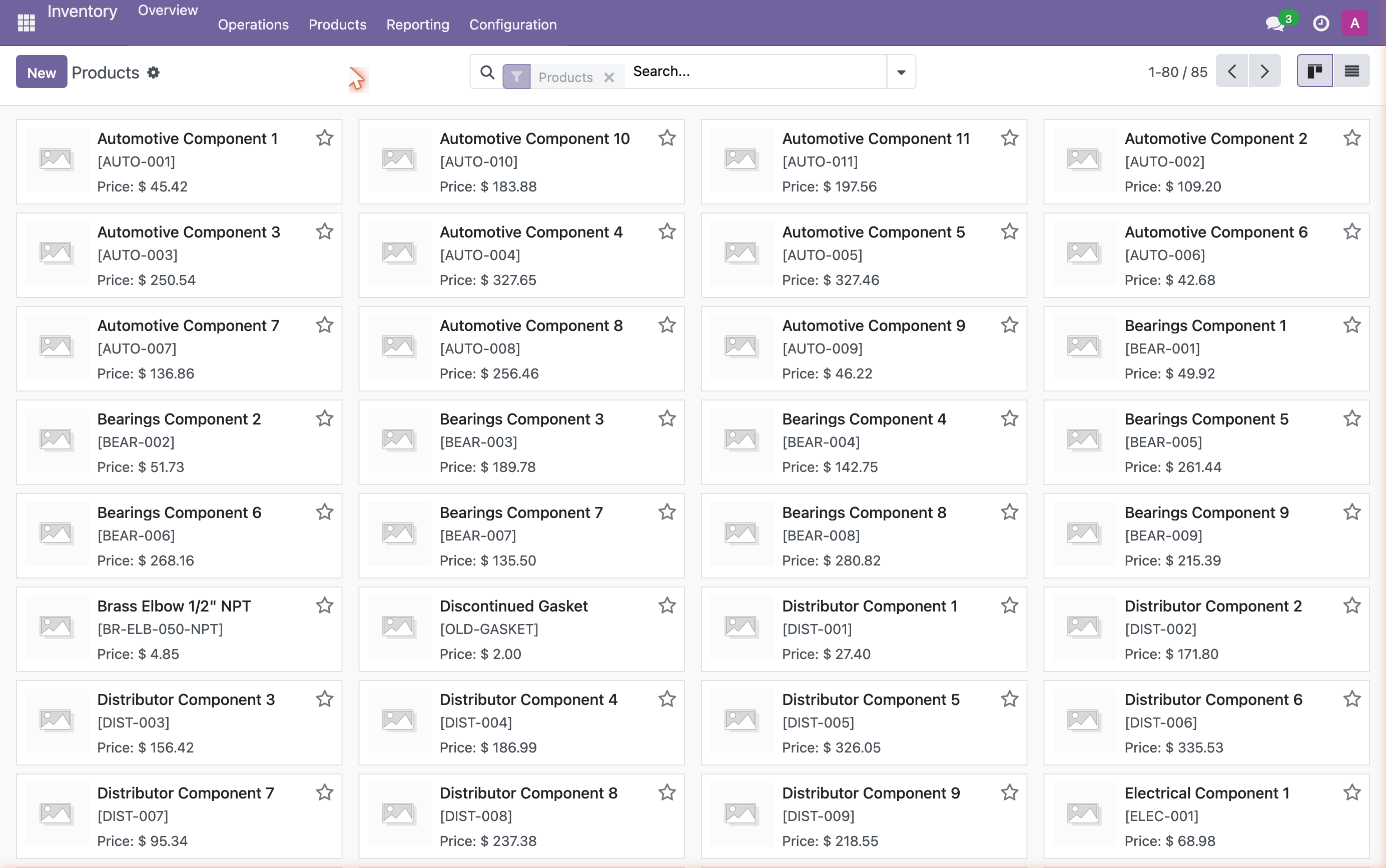 Odoo Inventory Products list view showing 85 products across multiple verticals