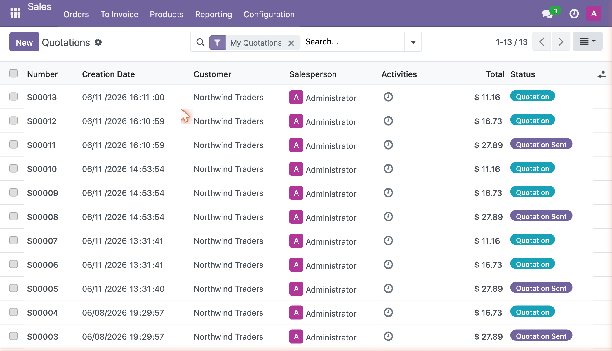 Odoo Sales Quotations list showing 13 quotations created by SideQuest