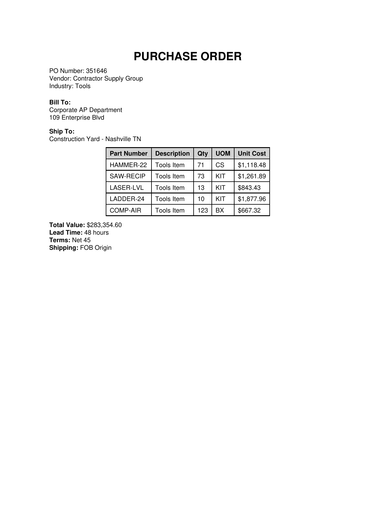 Sector_PO_9.pdf opened in Gmail preview, showing the Contractor Supply Group PO with five line items