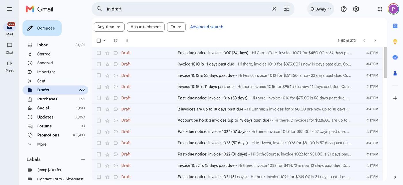 Gmail drafts panel with SideQuest-generated AR follow-up reminders for overdue customers