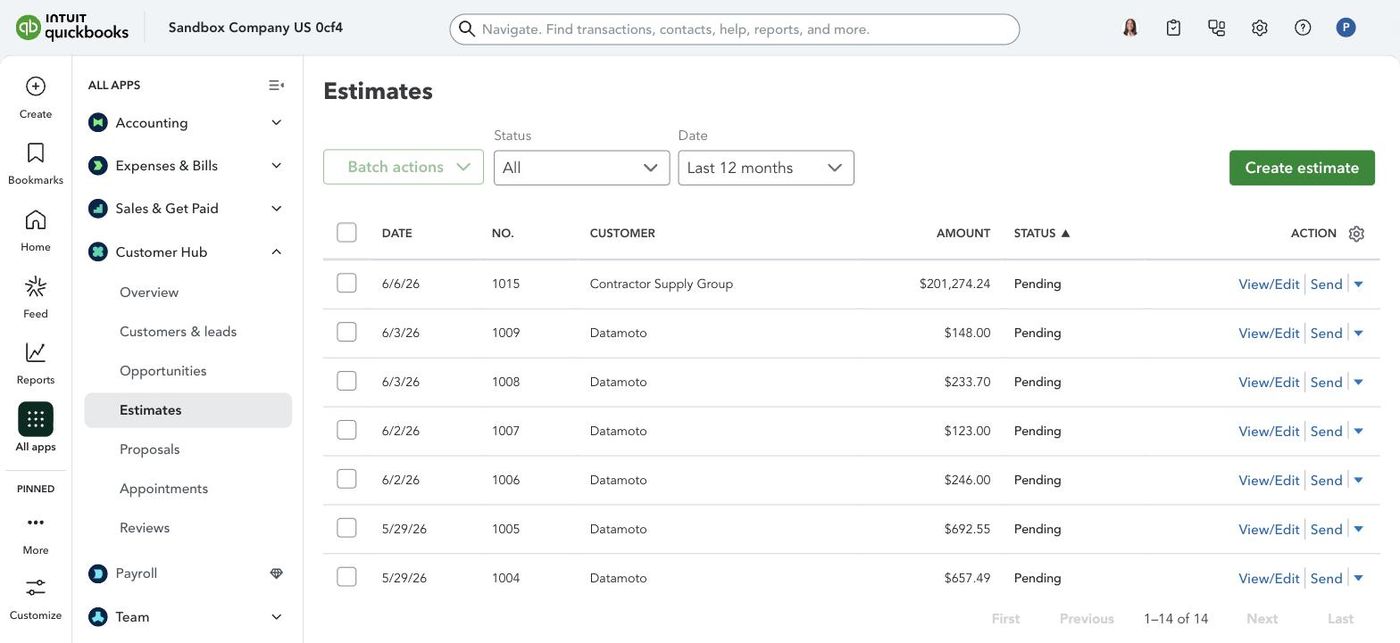 QuickBooks Estimates list with SideQuest-created Estimate 1015 at the top